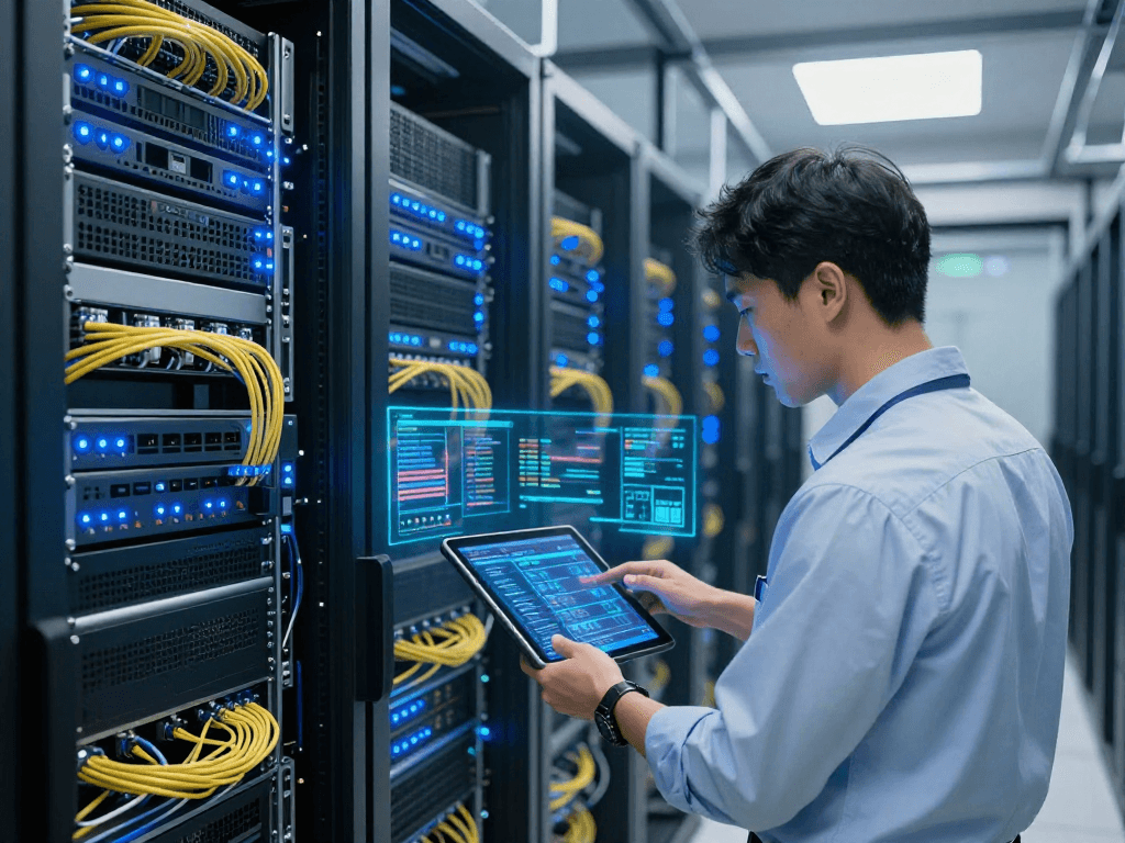 IPTV reseller panel in a modern data centre showcasing cloud computing infrastructure and advanced technology.
