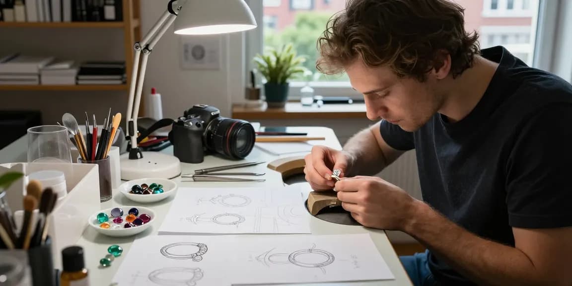 Crafting a bespoke diamond ring uk in a jewellery studio with tools and gemstones.