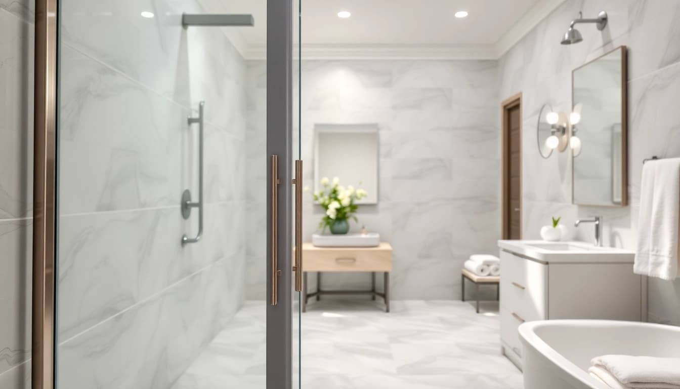 Stylish shower sliding doors enhancing a modern bathroom ambiance with elegance.
