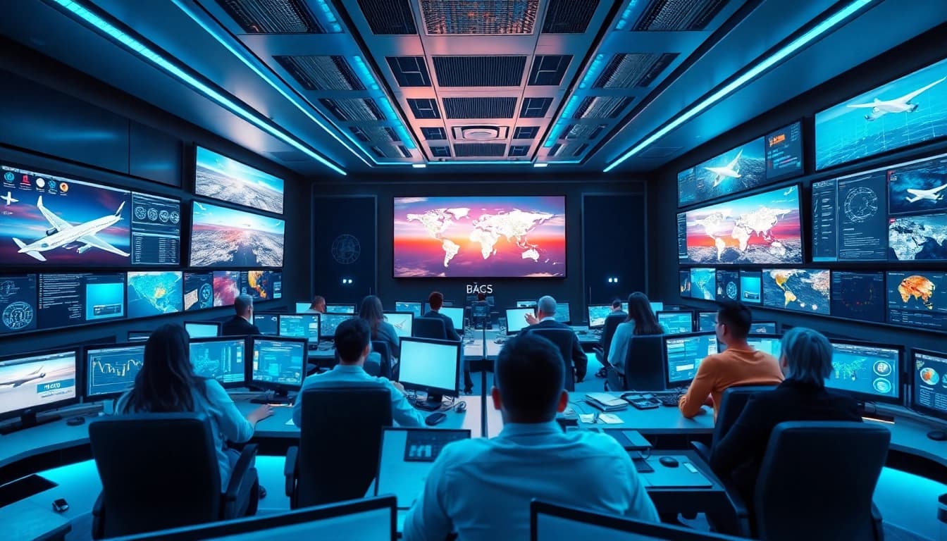 Explore aviation technology insights at https://rr9935.com/ with a dynamic control room scene showcasing digital interfaces and collaboration.