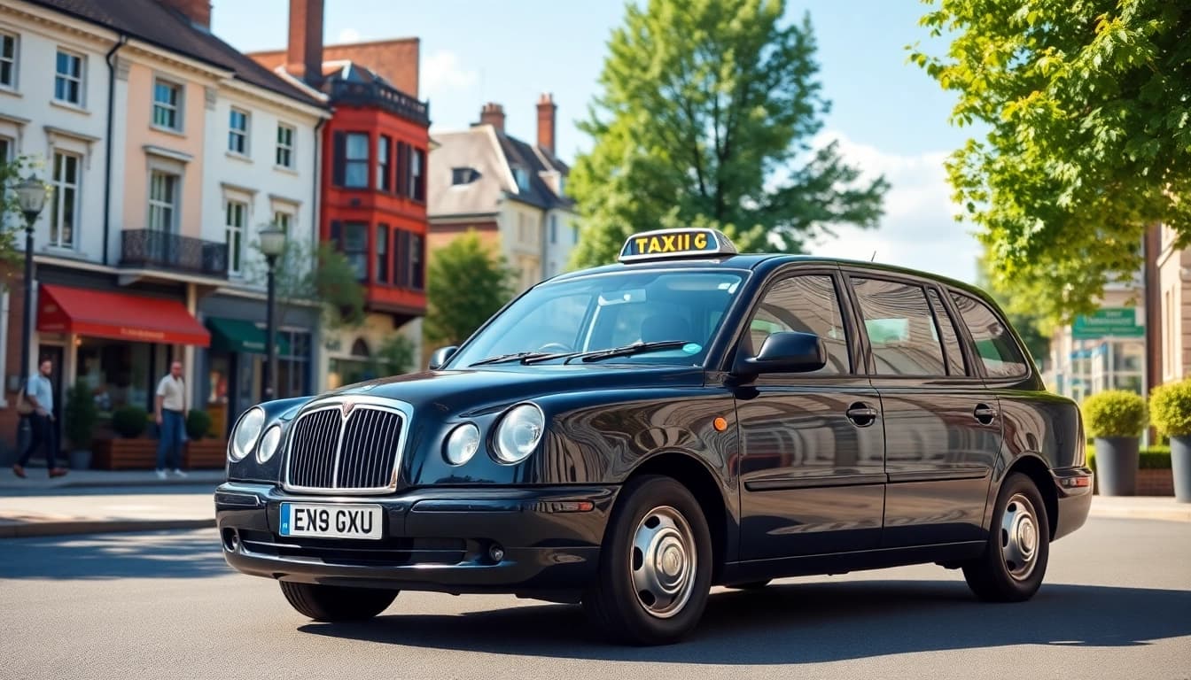 Reliable taxi service in Thames Ditton depicted with a classic black cab in an urban landscape.