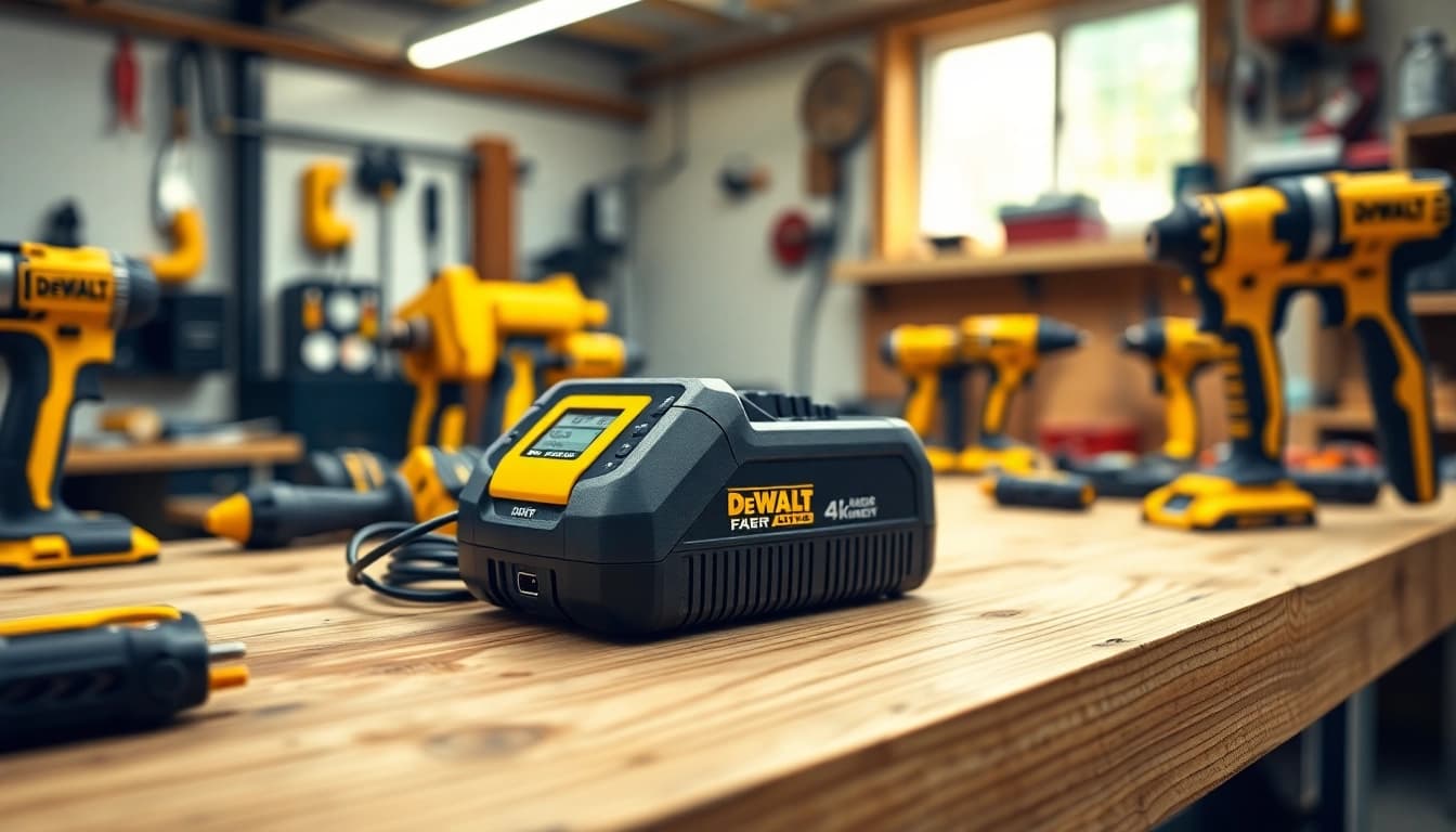The DeWalt 4 port charger efficiently powers multiple tools, showcasing its robust design in a workshop.