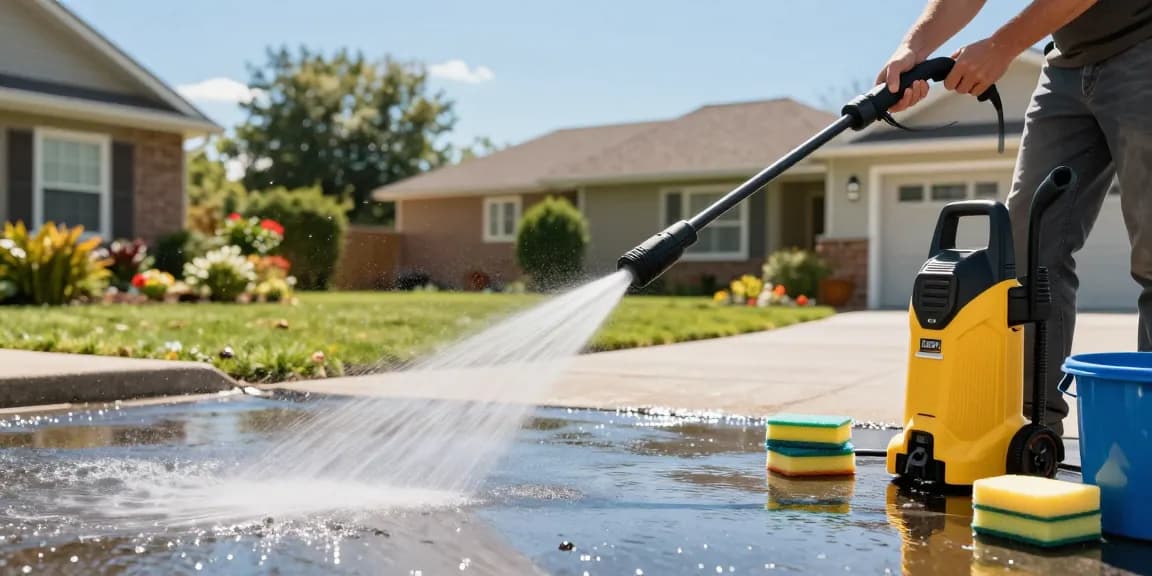 Dewalt jet wash in action cleaning a driveway in a sunny garden setting.