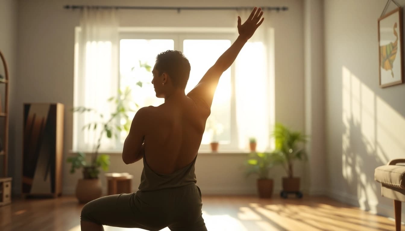 Illustration showing lower back pain causes with a person stretching in a serene interior.