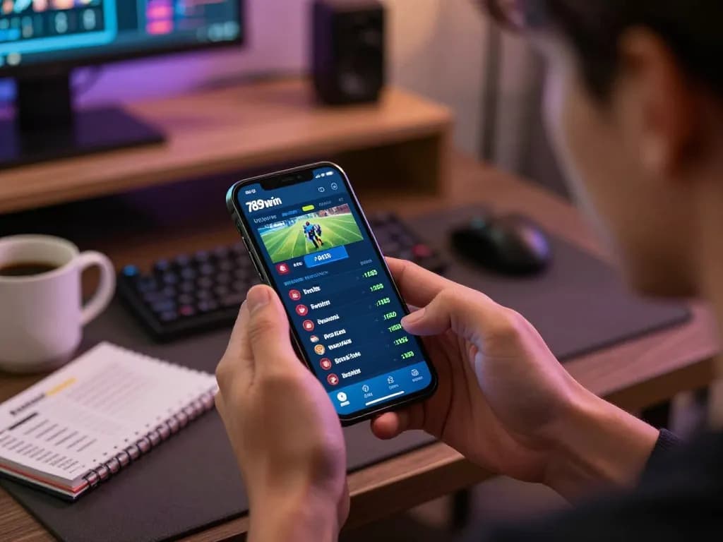 Engaged player accessing 789win sports betting app on smartphone while reviewing game strategy notes.