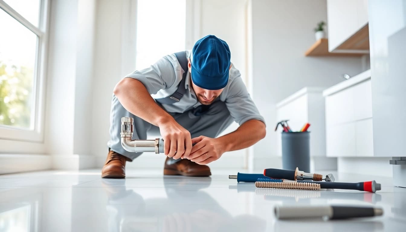 Find reliable plumber near me fixing residential plumbing in a bright kitchen.