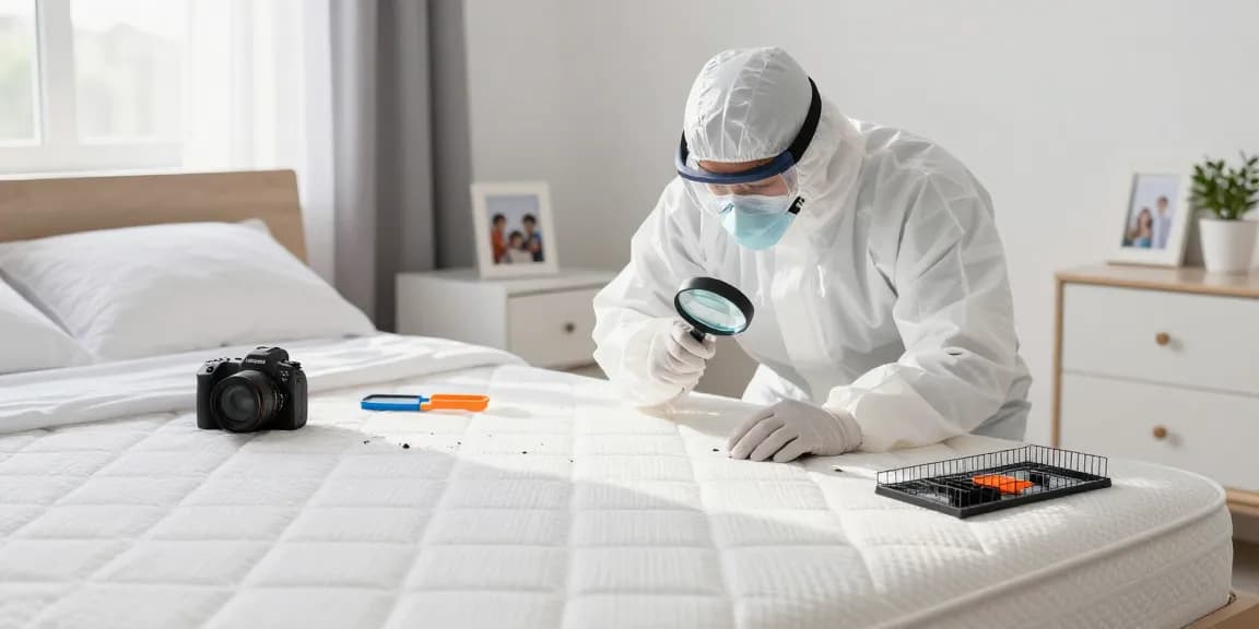 Professional examining mattress for bed bugs during bed bug heat treatment in a home setting.