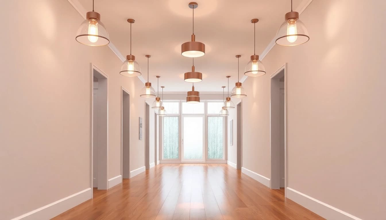 Showcasing hallway lighting fixtures enhancing a modern corridor ambiance.