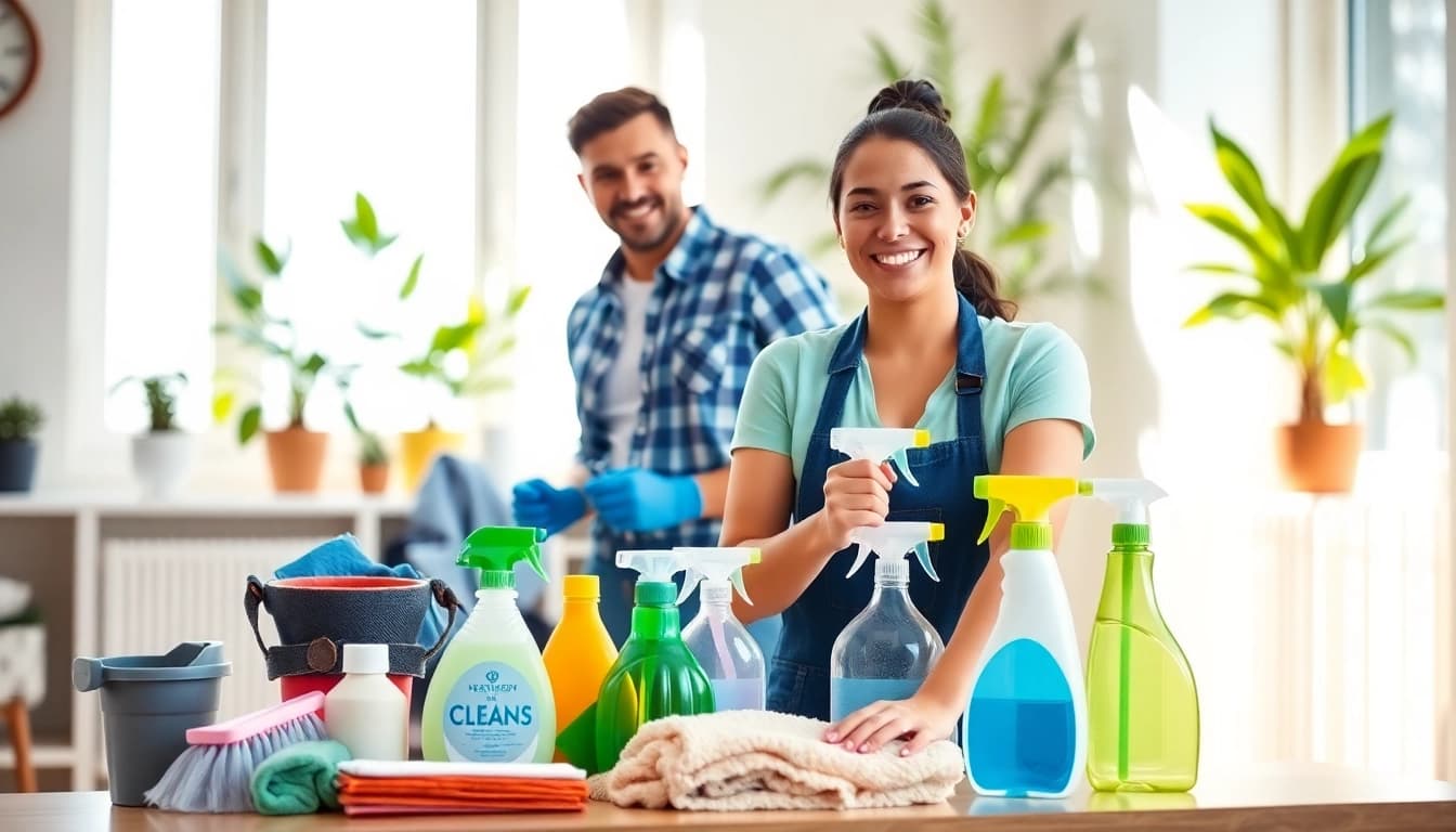 Cleaning services near me with a professional team in a bright home, showcasing eco-friendly products.