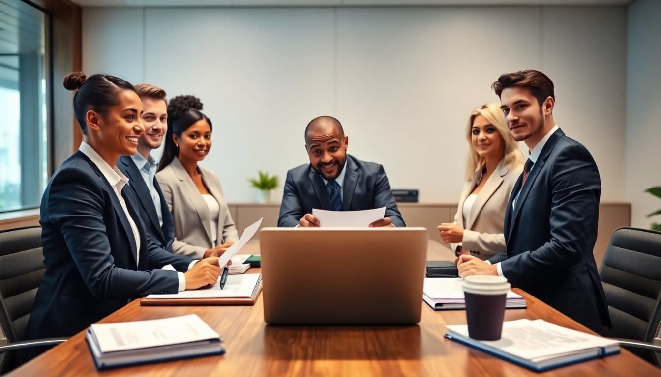 Lawyers for business setup in the US advising an entrepreneur in a professional office.
