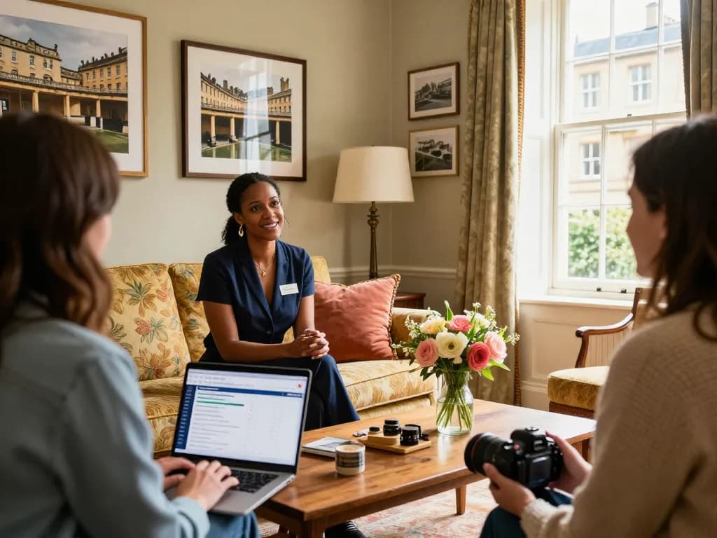 airbnb management bath: Property manager discussing listings in a Georgian apartment in Bath