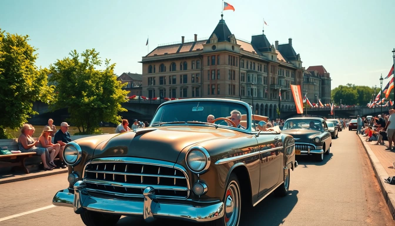Vintage car parade in Windsor by the river, showcasing lively community spirit.
