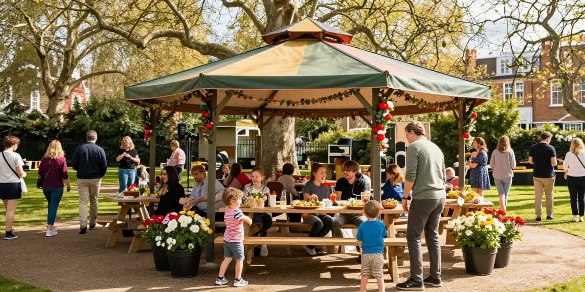 Enjoying gazebo hire London at a sunny outdoor event with family and friends.