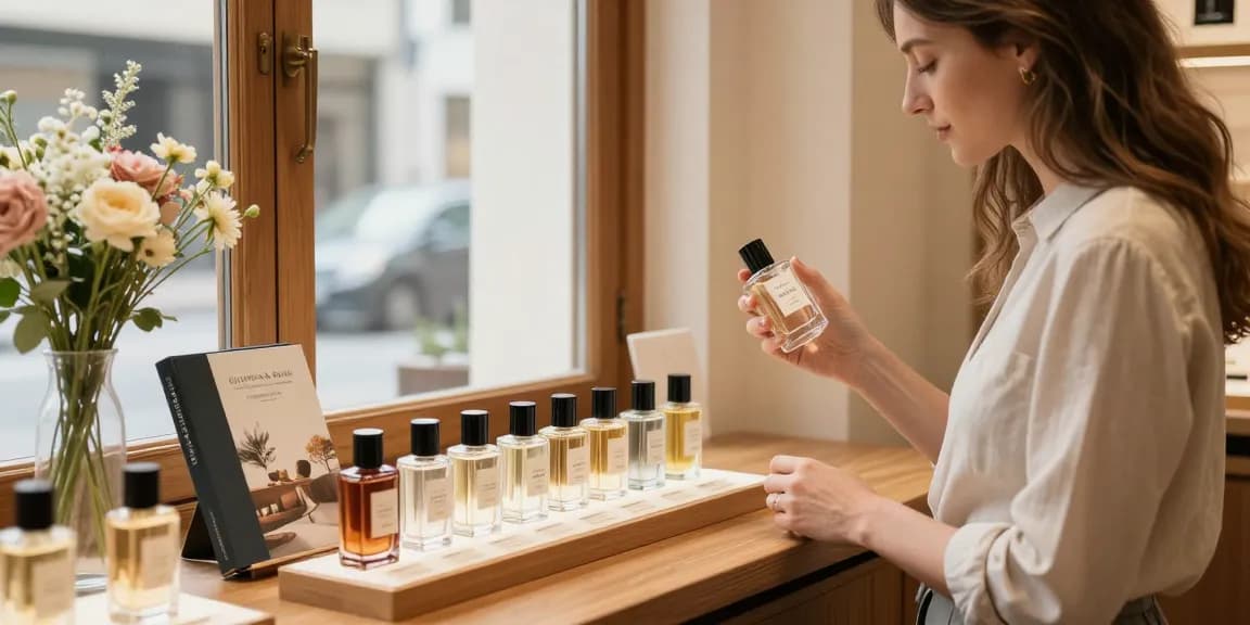Woman testing Goldfield & Banks fragrance in an elegant boutique, surrounded by luxurious scents.
