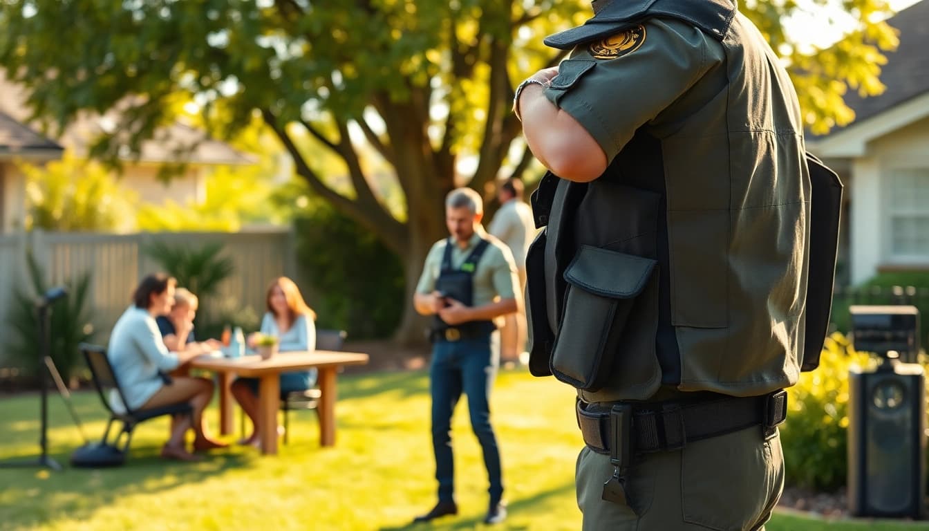 Family Protection by a vigilant bodyguard while a family enjoys a picnic.