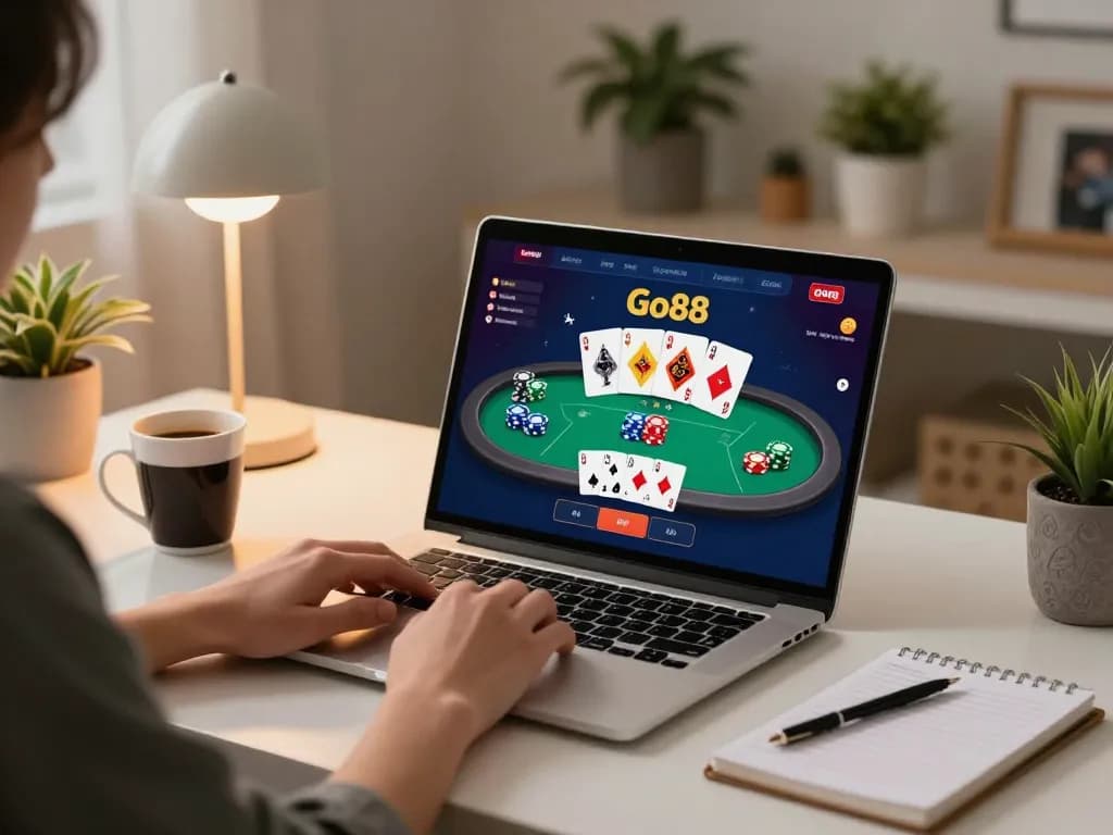 Engaging gameplay on cổng game Go88 with poker cards and chips visible at comfortable desk.