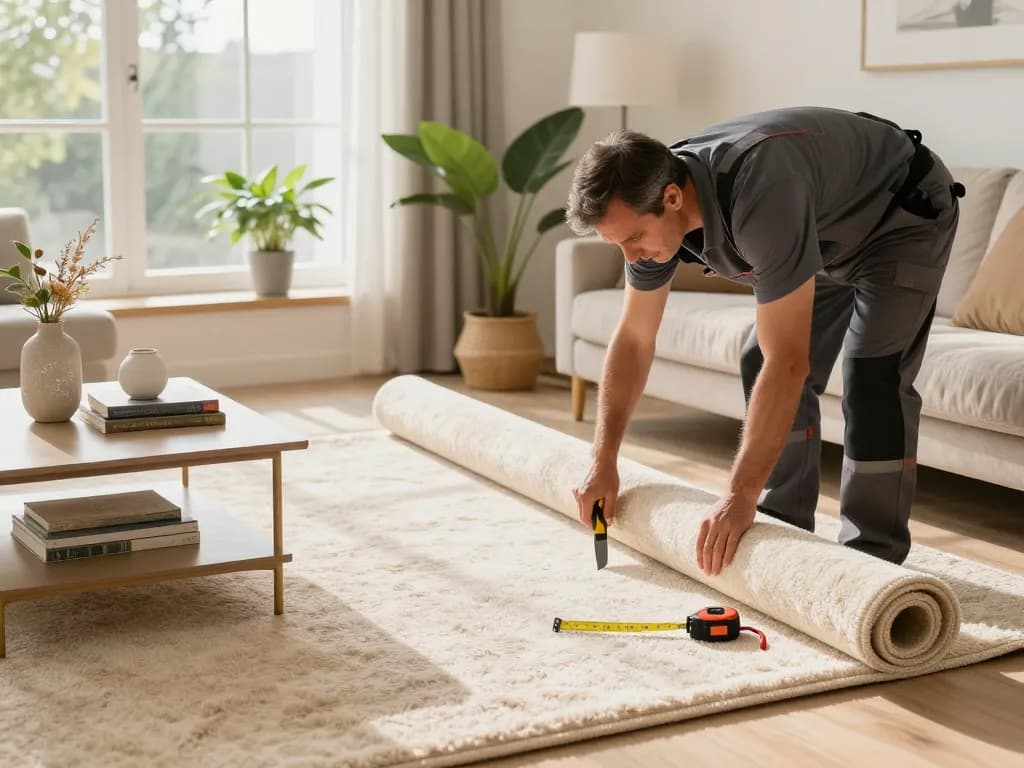 Professional carpet fitters near me installing soft carpet in a sunny living room.