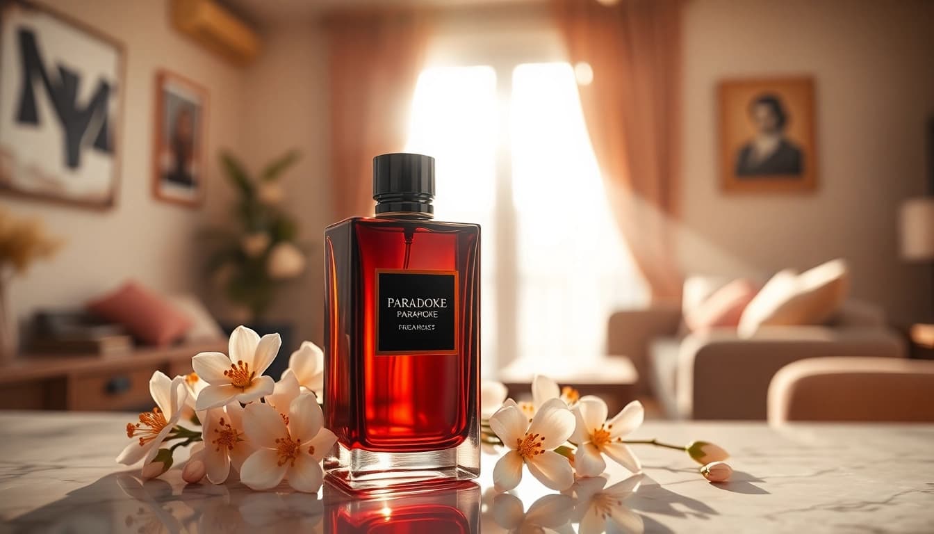 Showcasing Paradoxe fragrance bottle elegantly positioned amid jasmine flowers on a countertop.