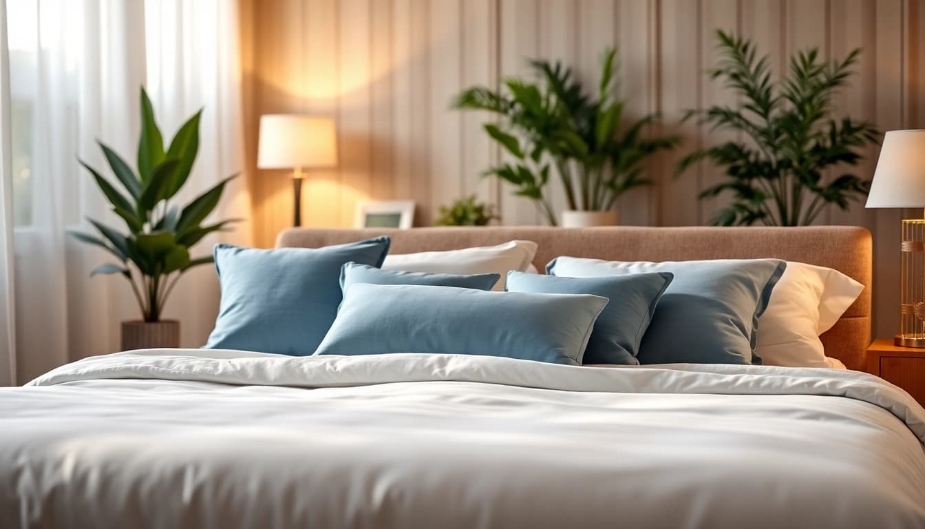 Transform your space with modern queen beds featuring plush bedding in serene settings.