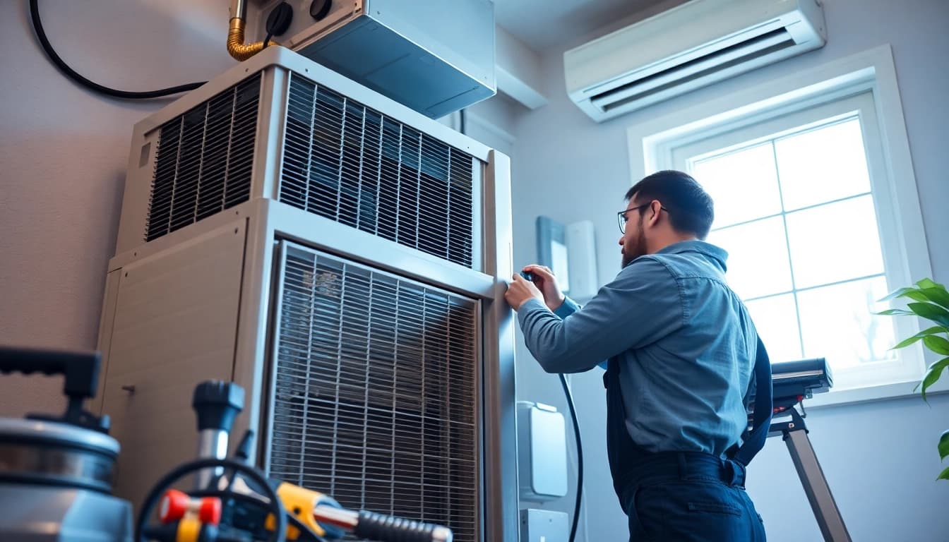 AC Repair Tampa: HVAC technician expertly repairing an air conditioning unit in a well-lit home.