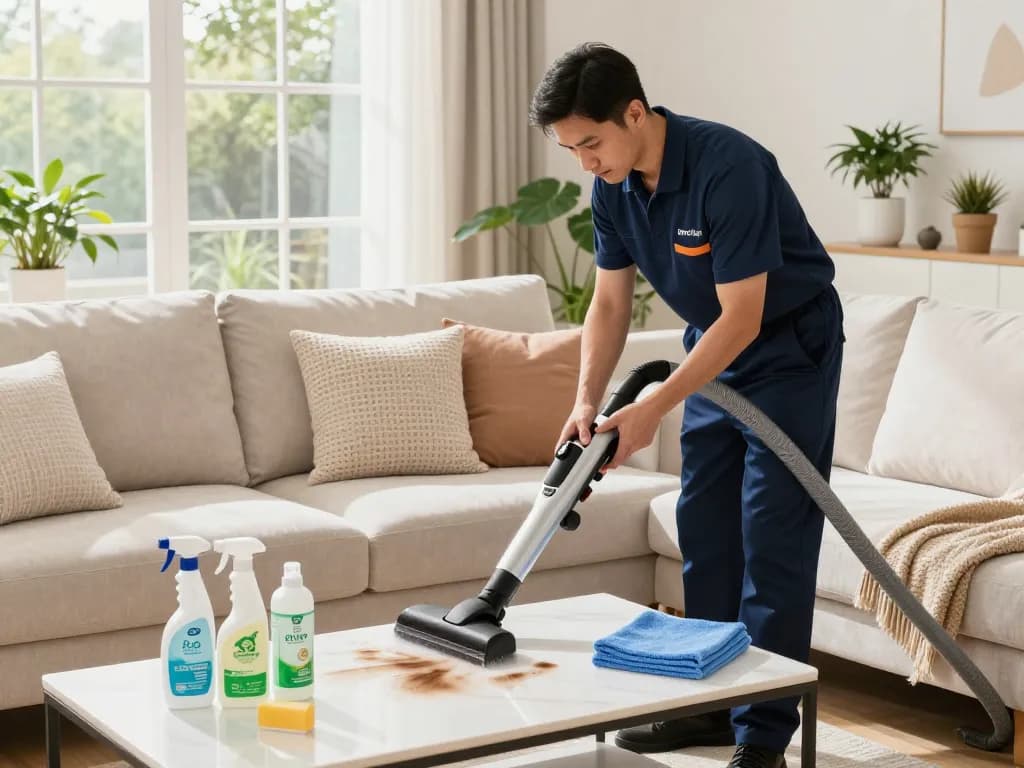 Expert upholstery cleaning in a cozy living room for home renovation blogs.