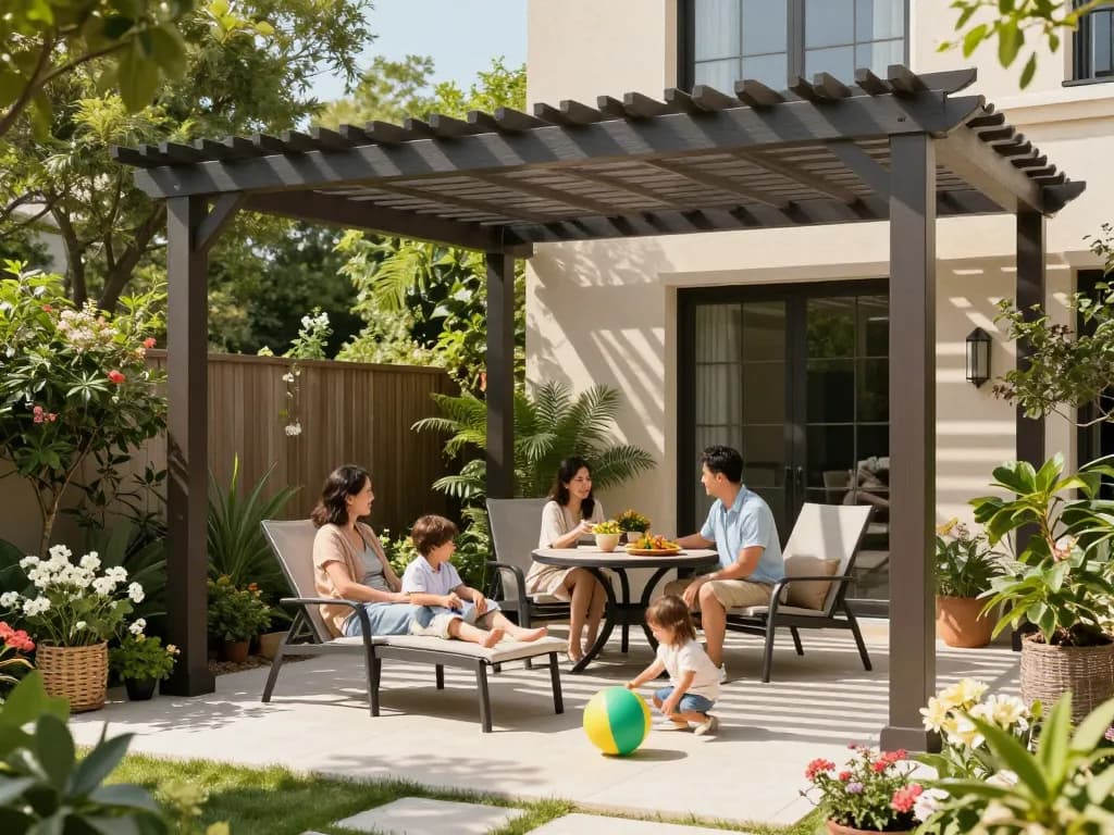Custom pergola configurator in a beautifully designed outdoor family space with children playing.