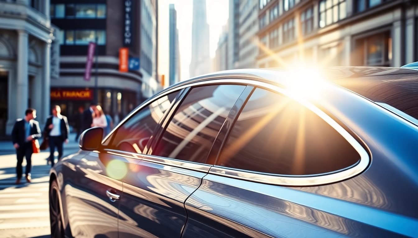 Upgrade your ride with a window tint gift card featuring a sleek car in a vibrant city setting.