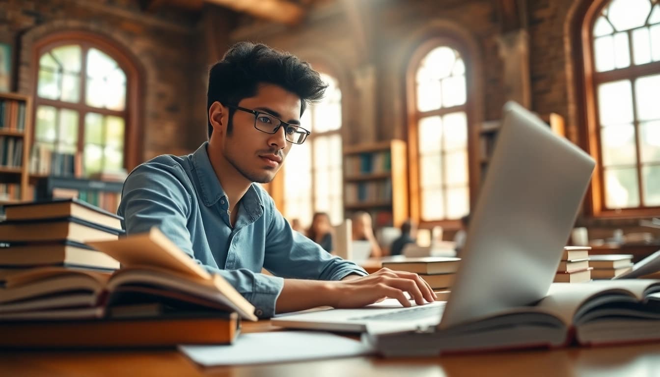 Focus on exam preparation with a dedicated student studying in a vibrant library.