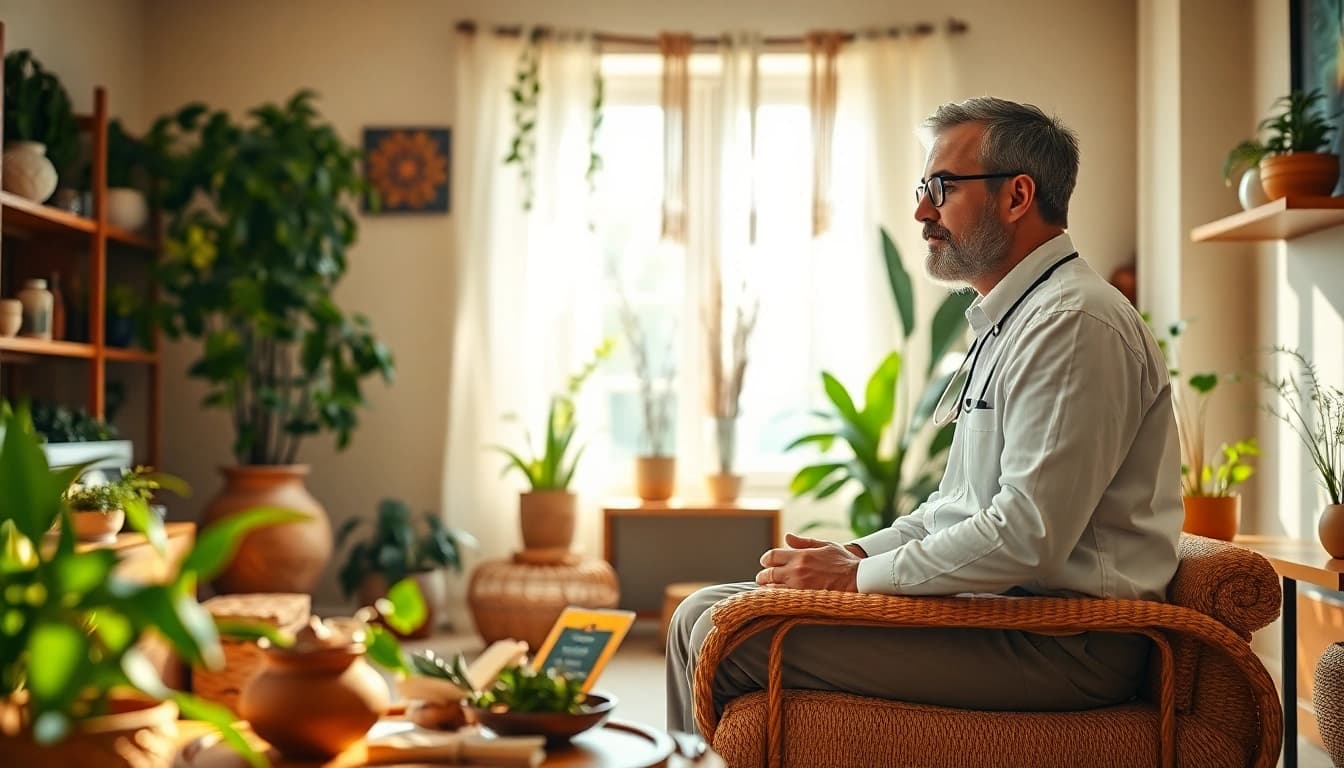 Experience Ayurveda Consultation in a tranquil setting with a practitioner and patient discussing wellness.