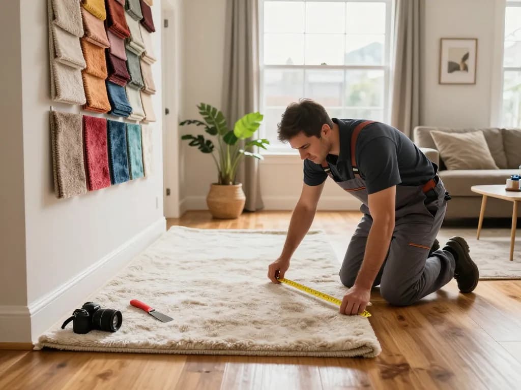 Professional carpet fitters near me working on a cozy living room installation.
