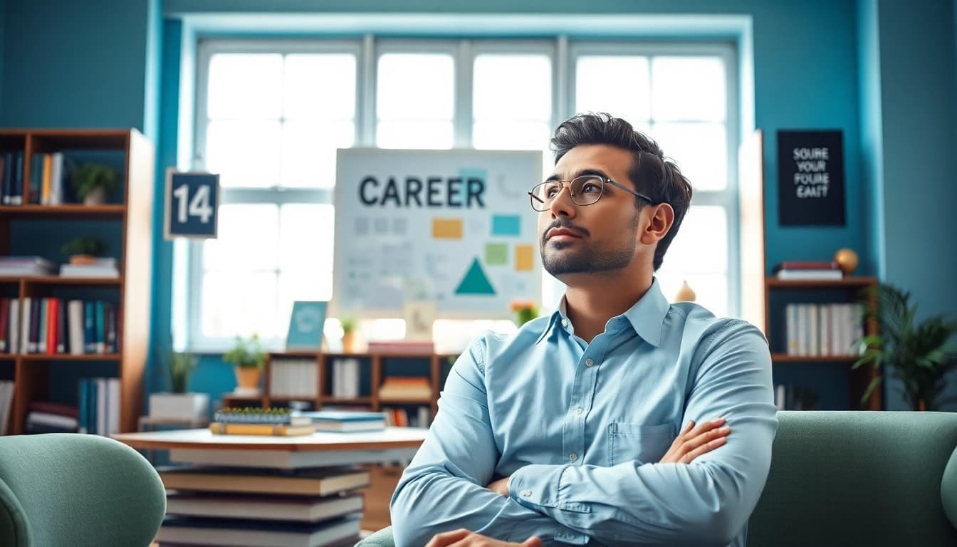 Visualize your Ideal career with a professional contemplating future options in a bright office.