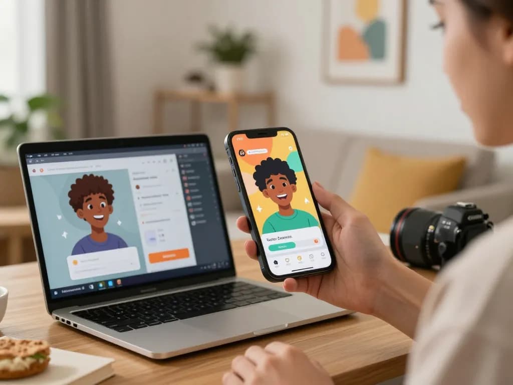 User exploring crush on ai character chats on smartphone, engaging home environment.