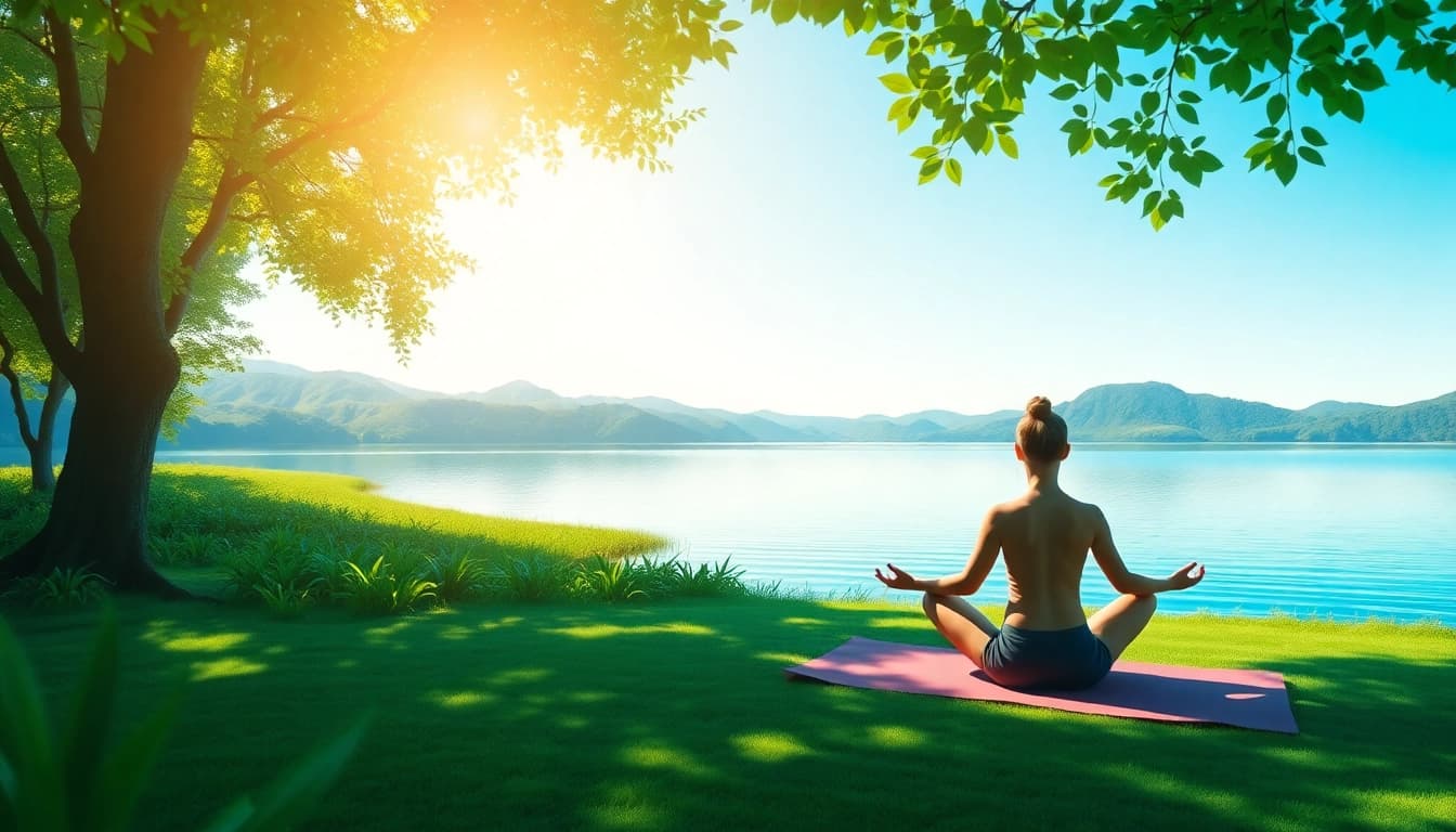 Enhance your mental wellness with a serene meditation scene by a tranquil lake.