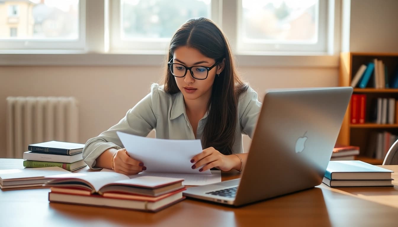 A student preparing to pay someone to take gre for me, focused at a study desk with books and notes.