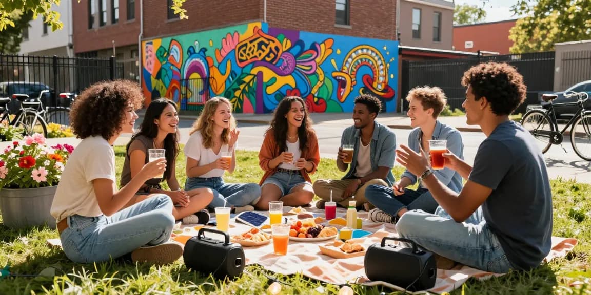 Group of friends enjoying vibrant outdoor gathering, embodying ia +18 lifestyle with colorful urban backdrop.