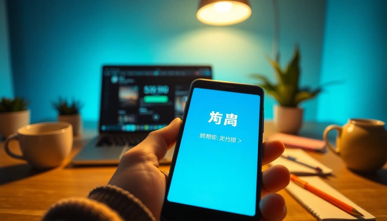 智能手机上的快连下载界面，展示在现代工作空间中的无缝安装