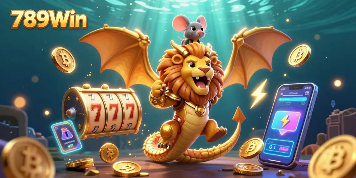 Experience thrilling wins at 789Win with a dynamic 3D illustration of a golden chimera and gaming elements.