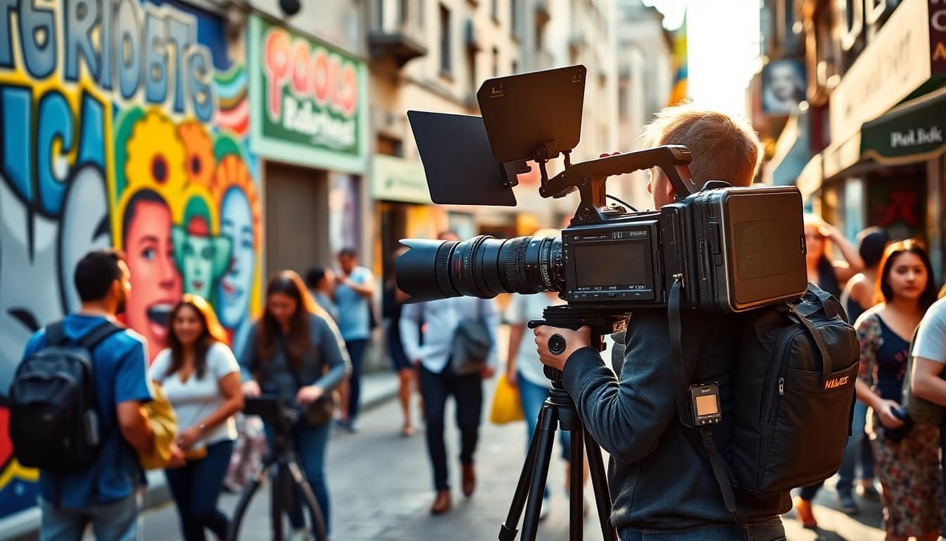 Branded content creation depicted in a vibrant urban setting with a videographer.