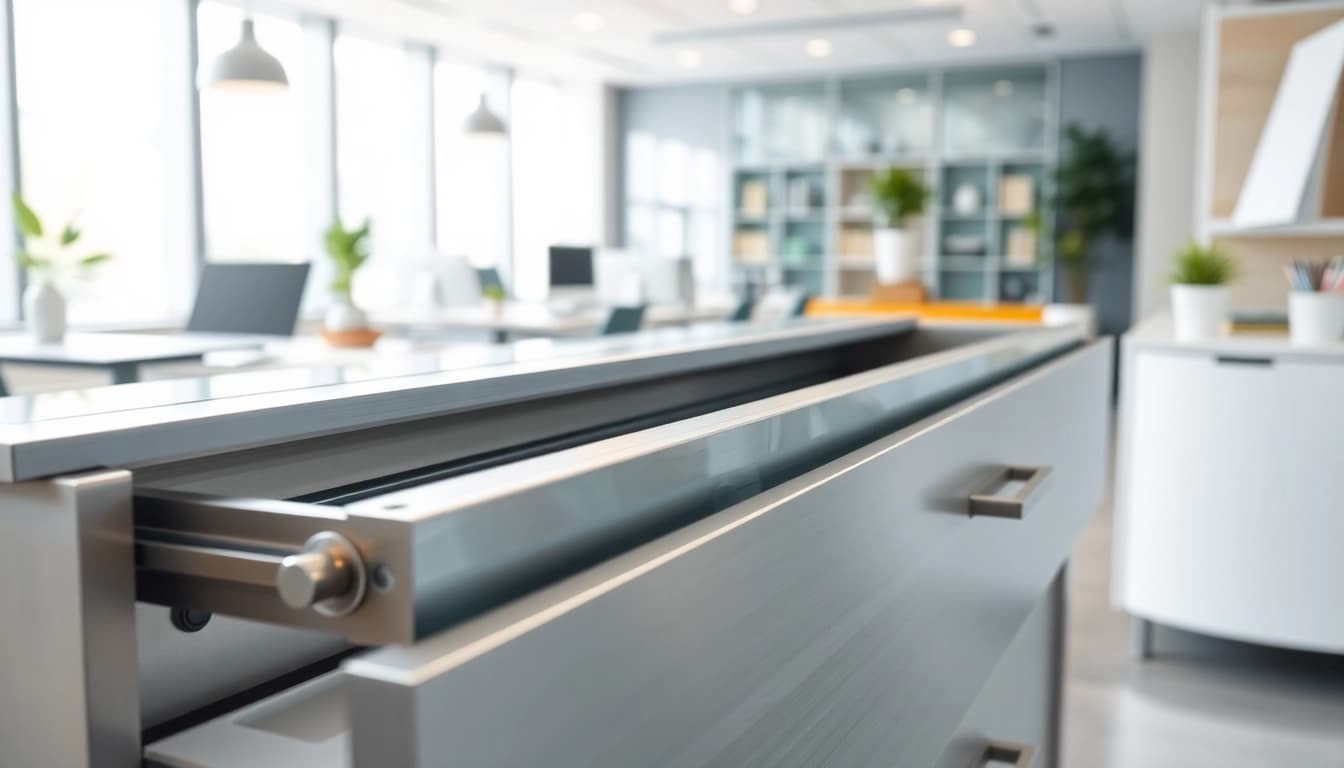 Showcase of a Metal Drawer System showcasing its sliding feature in a beautifully organized workspace.