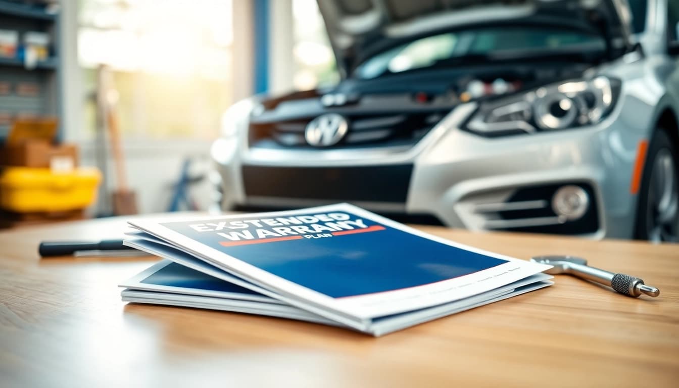 Engaging visual of extended auto warranty plans brochure with mechanic tools, symbolizing protection.