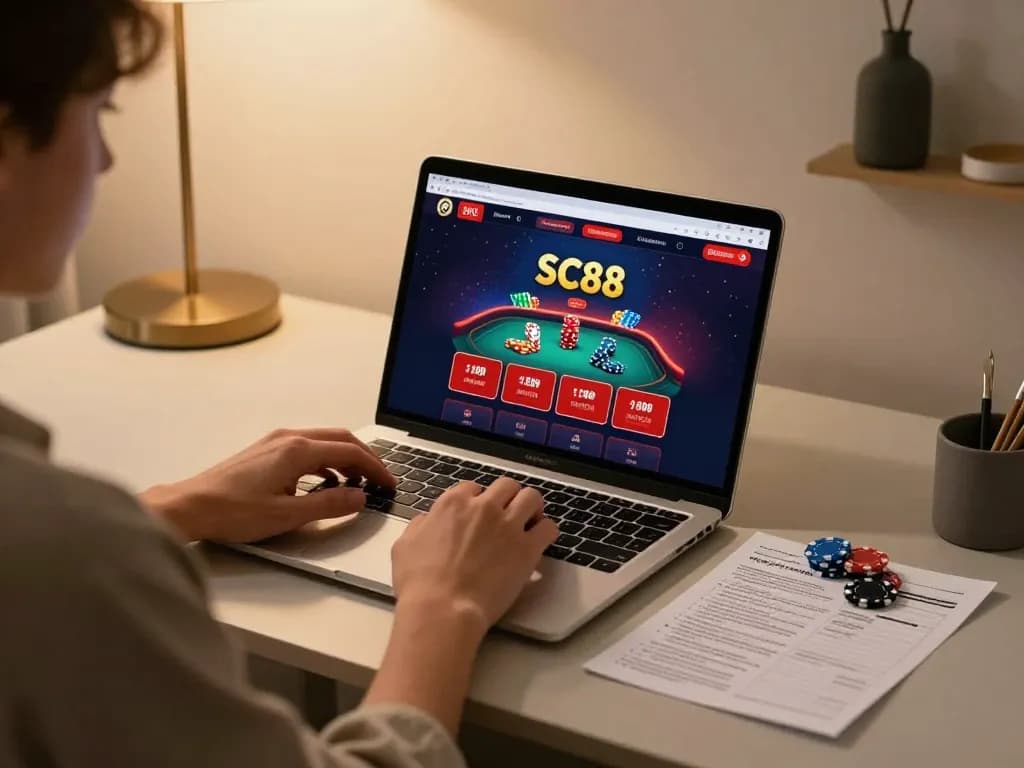 Engaging online gameplay at SC88VN with poker interface and strategy notes set up for responsible gambling.