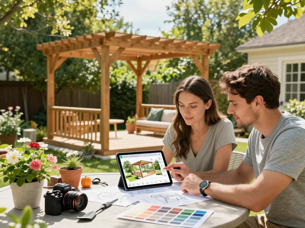 Couple using a pergola 3D planner app outdoors for garden design.