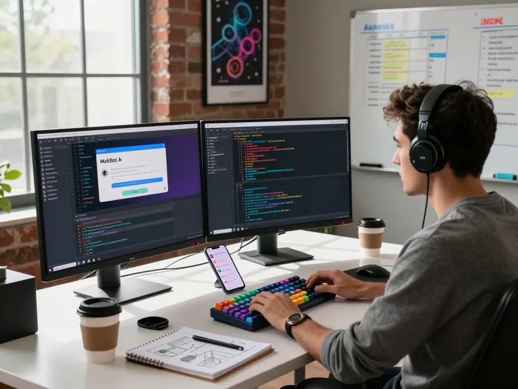 Developer coding with MoltBot AI on dual monitors, modern workspace with tech elements