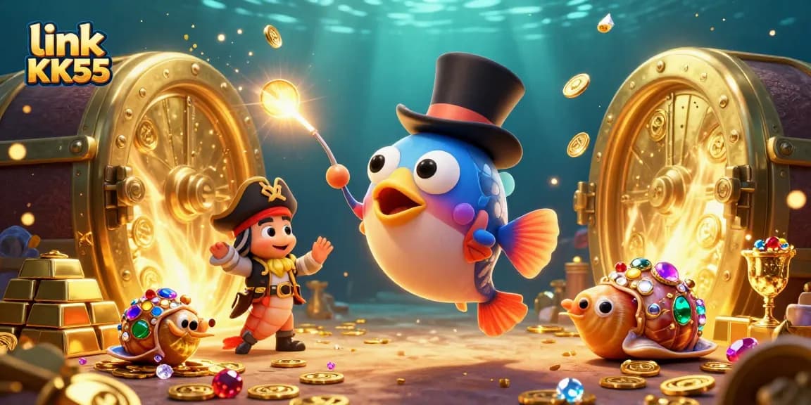 Catch gold coins with link KK55 in this exciting underwater gambling scene featuring vibrant characters.