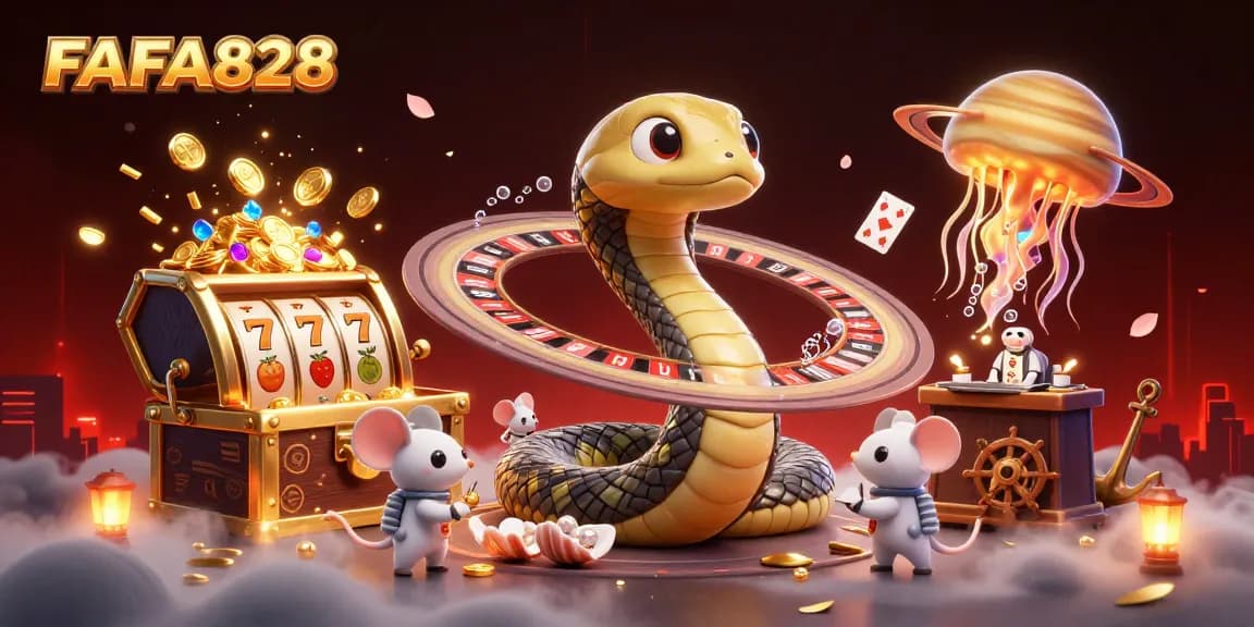 Engage in FAFA828's thrilling casino experience with an animated scene of cosmic betting and colorful game elements.
