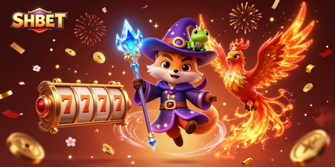 Win with SHBET in a lively 3D illustration showcasing an enchanting wizard fox, phoenix, and vibrant slot game elements.