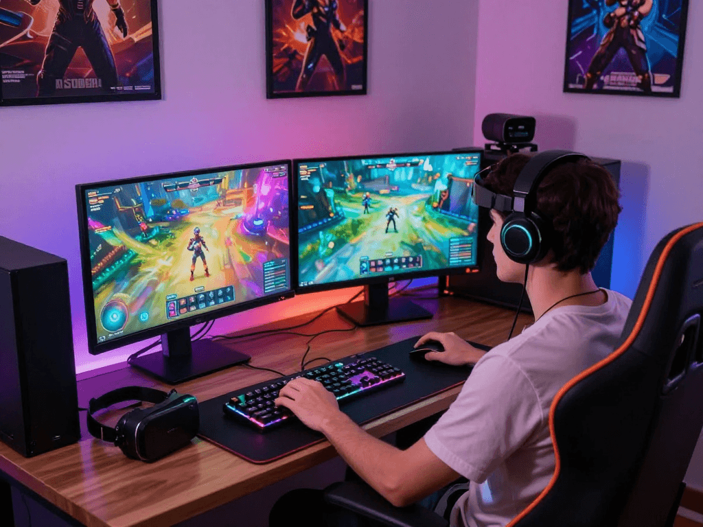 Engaged player exploring AI porn games on dual monitors with vibrant visuals.