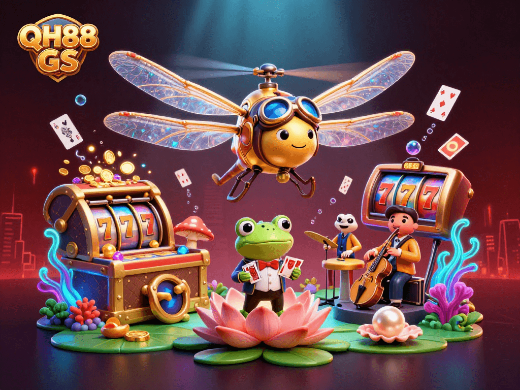 QH88 GS showcases vibrant casino scene with a dragonfly pilot, frog croupier, and slot reels.