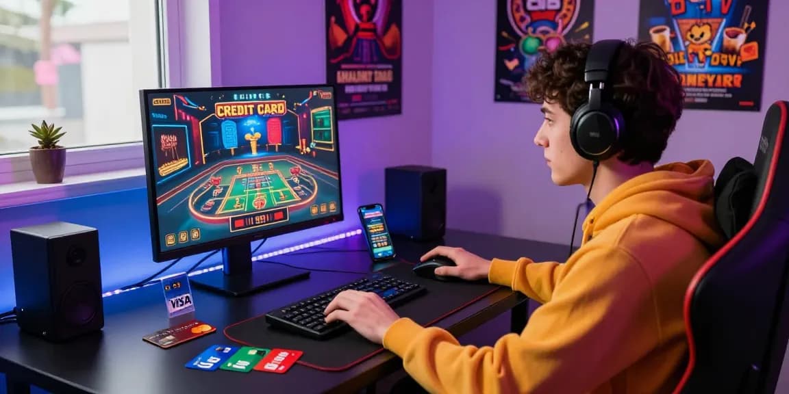 Exciting gaming moment at credit card casinos with a player focused on his computer, surrounded by Visa and Mastercard, and casino app on smartphone.