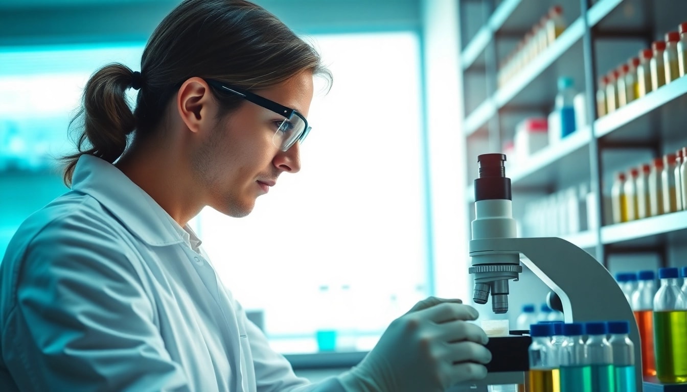 Scientist analyzing samples associated with Retatrutide in a modern lab environment.